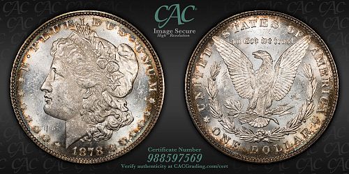 1878 8 Tailfeather Morgan Dollar, Uncirculated, CACG MS-60, Light P/L, VAM-1