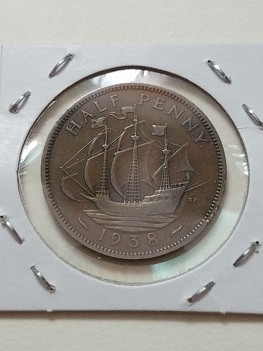 1938 Great Britain Half Penny UK GB United Kingdom England Ship