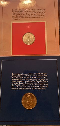 BILL OF RIGHTS COMMEMORATIVE SILVER HALF DOLLAR & MADISON PRES MEDAL BIN 25.00