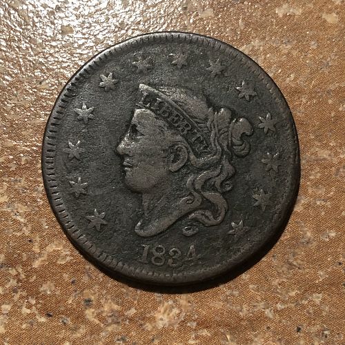 1834-P Coronet Liberty Head Large Cent Large 8 - Large Stars - Med Letters - F (Fine)