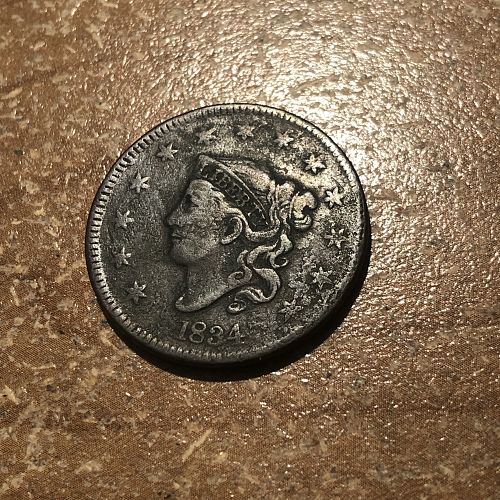 1834-P Coronet Liberty Head Large Cent Large 8 - Large Stars - Med Letters - F (Fine)