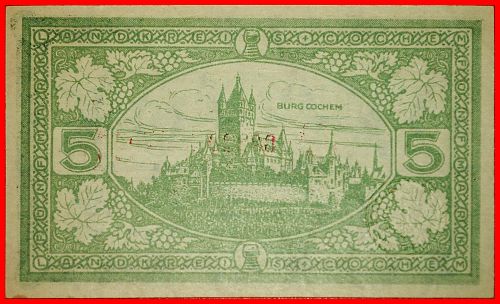 Ⰶ RHINE: GERMANY COCHEM ★ 5 MARKS 1918 CRISP UNCOMMON!