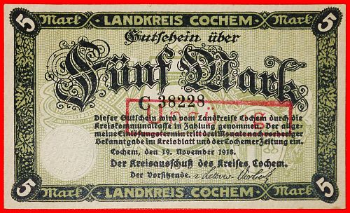 Ⰶ RHINE: GERMANY COCHEM ★ 5 MARKS 1918 CRISP UNCOMMON!