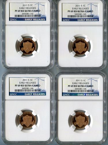 4 - 2011 - S   "SHIELD"  LINCOLN  CENTS  -    NGC  -   PF 69 RD ULTA CAMEO