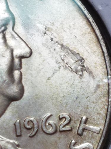 1962 D Franklin Half Dollar Benjamin Delamination Strike Through