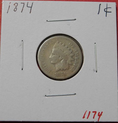 1874 INDIAN HEAD CENT, Semi-Key Date Coin 1174