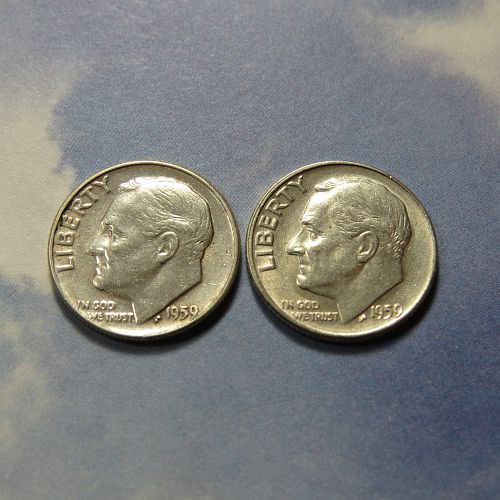 1959-P + 1959-D ROOSEVELT DIMES (LOT OF 2) (90% SILVER) ~ LOT D881