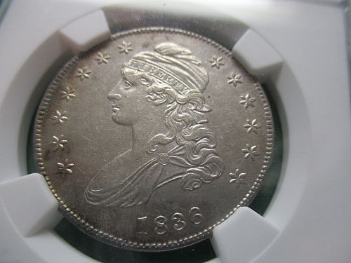1836 8/3  O-108  AU53  Capped Bust Half Dollar.  Item: 50 CB36-01S.