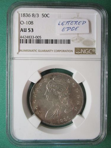 1836 8/3  O-108  AU53  Capped Bust Half Dollar.  Item: 50 CB36-01S.