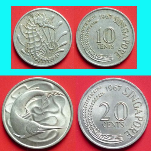 Singapore 10 and 20 Cents 2 pcs 1967 km 1 & 2