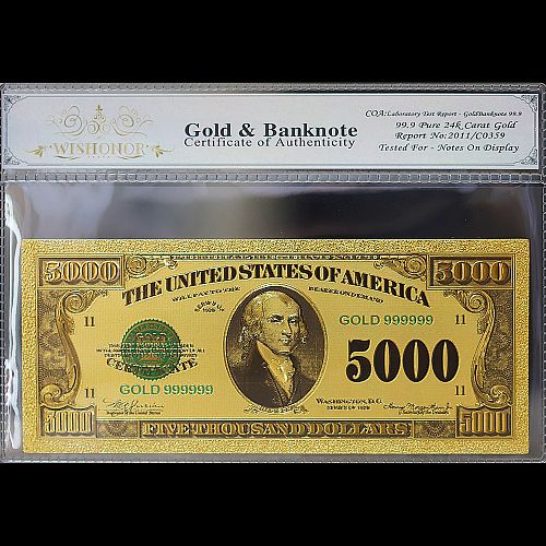 100mg 24K Gold 1928 $5000 Dollar Bill Gold Certificate Banknote with White COA
