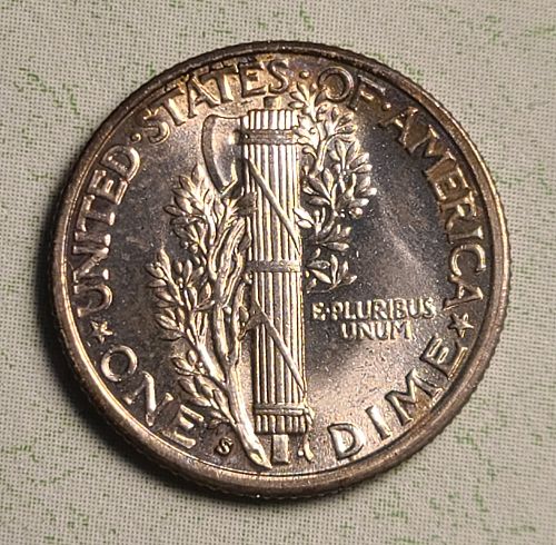 1938-S Mercury Dime MS-63 (Choice BU) FSB Nice Obv Russet Cherry Tone Spots!