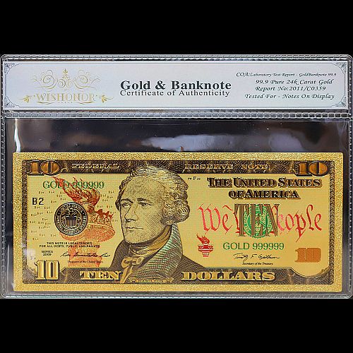 100mg 24K Gold 2009 $10 Ten Dollar Bill Federal Reserve Banknote with White COA