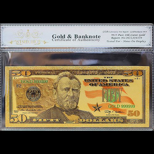 100mg 24K Gold 2009 $50 Dollar Bill Federal Reserve Banknote with White COA