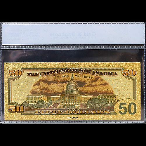 100mg 24K Gold 2009 $50 Dollar Bill Federal Reserve Banknote with White COA