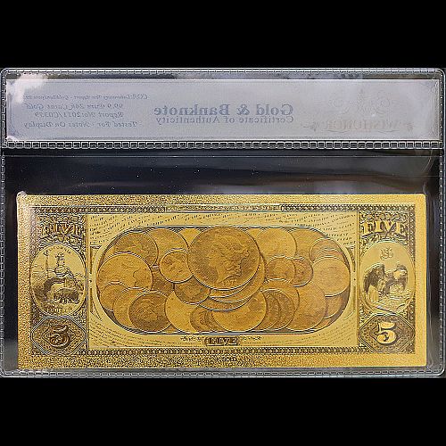 100mg 24K Gold 1875 $5 Dollars National Currency Banknote Type 2 with White COA
