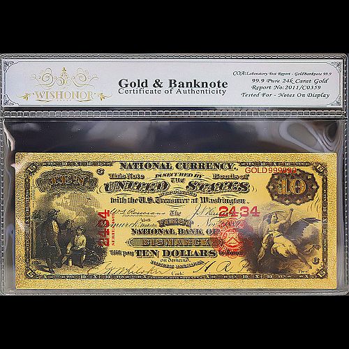 100mg 24K Gold 1875 $10 Dollars National Currency Banknote with White COA