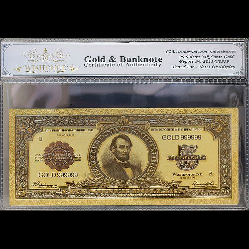 100mg 24K Gold 1923 $5 Lincoln Porthole Silver Certificate Banknote w/White COA