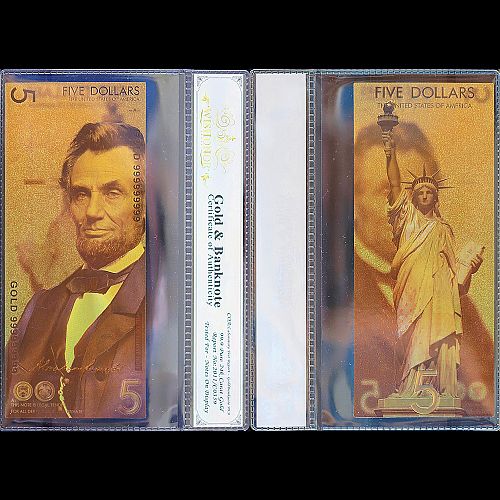 100mg 24K Gold 2021 $5 Five Dollar Bill Lincoln Fantasy Banknote White COA