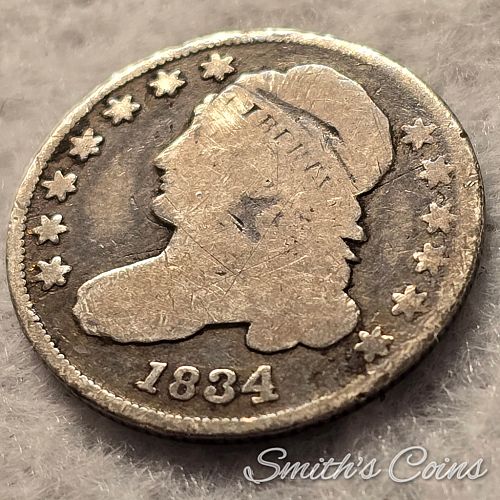 1834 ~ Capped Bust Dime ~ Large 4 ~ AG