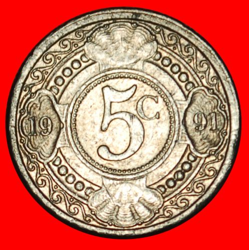 Ⰶ WITHOUT ARUBA (1989-2023): NETHERLANDS ANTILLES ★ 5 CENTS 1991! BEATRIX (1980-2013)