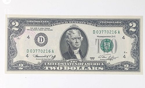 1976 Two Dollar Bill  1st day of issue, Post Marked, Uncirculated