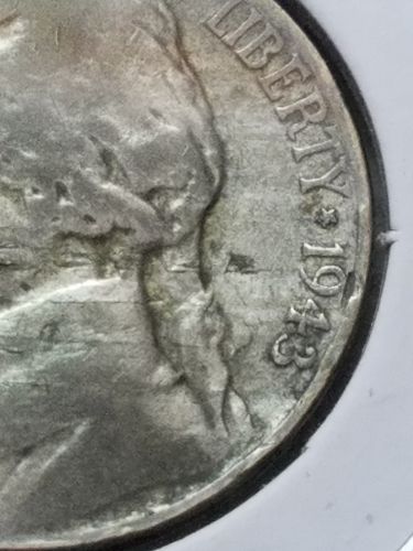 1943 P Jefferson Nickel Silver 35% Delamination Error World War 2 WW2