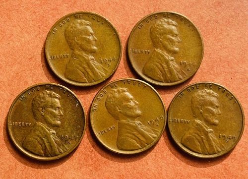 S-Mintmark wheat pennies from the 1940s, all F or VF+ condition