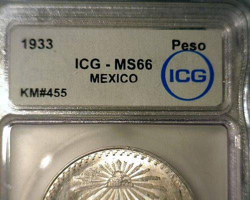 1933  SILVER MEXICO  PESO ICG MS-66      NICE LOOKING COIN!!