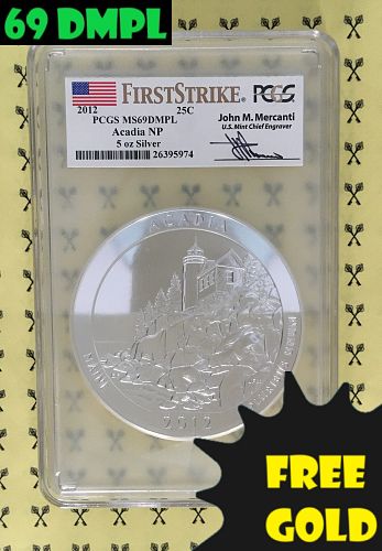 2012 Acadia 5 Oz SILVER Quarter PCGS MS 69 DMPL FS Mercanti with FREE 1/2 GOLDBACK*