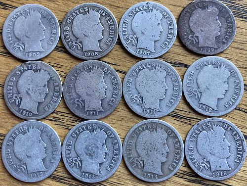 12 different date/mints barber dimes