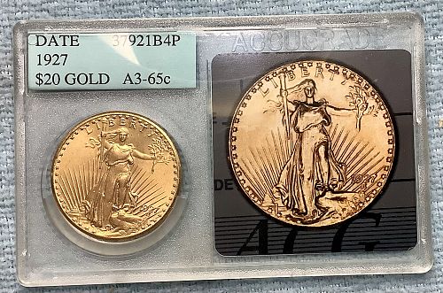 1927 Saint Gaudens $20 Gold Double Eagle Old Accugrade A3 MS65 Oversized Holder