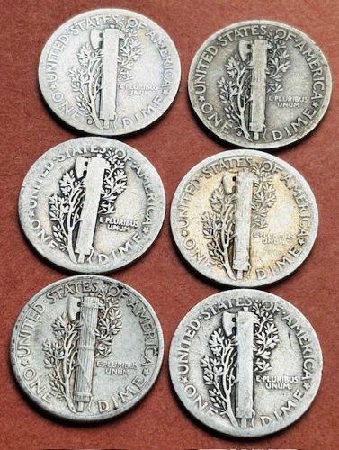 Mercury Dimes lot, set of 6, 1928-D, 1936-S, 1923, 1927, 1936, 1939
