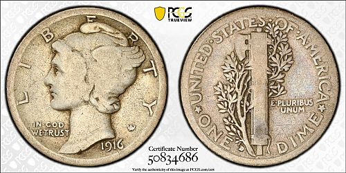1916-D Mercury Dime, Key Date, Good+, PCGS/CAC Good-6