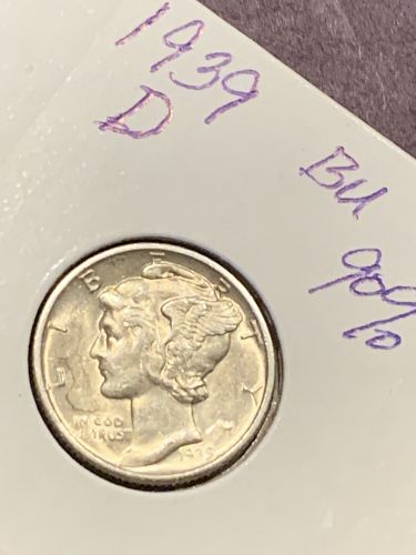 1939 D MERCURY DIME IN BRILLIANT UNCIRCULATED CONDITION  ---  90% SILVER