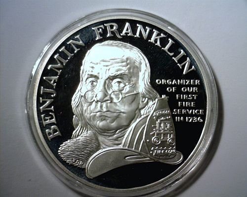 1992   PROOF SILVER MEDAL"FIRE FIGHTERS" BEN FRANKLIN   WITH MINT BOX AND COA