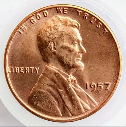 1957 Lincoln Wheat Cent Penny • RD • Cracked Skull Die Crack • GEM BU