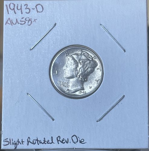 1943-D Mercury Silver Dime ~ Choice About Uncirculated Condition Slight Rotated Reverse