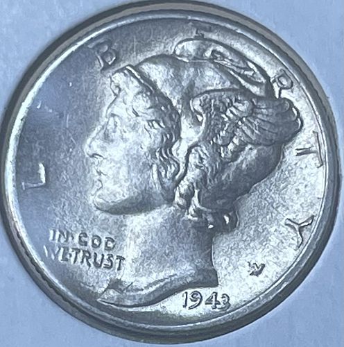 1943-D Mercury Silver Dime ~ Choice About Uncirculated Condition Slight Rotated Reverse