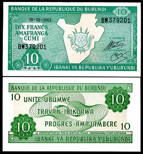 BURUNDI 10 FRANCS 2005 P-33 UNC  (CB-0004)