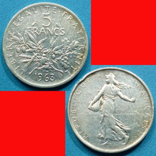 France French Francaise 5 Francs 1963 KM# 926 Silver 0.3221 oz