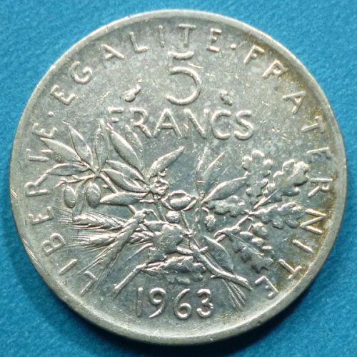 France French Francaise 5 Francs 1963 KM# 926 Silver 0.3221 oz