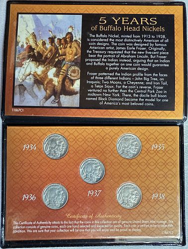 5 Years of Buffalo Head Nickels w/ Certificate of Authenticity 5-Coin Set