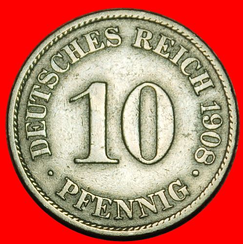 Ⰶ EAGLE (1890-1916): GERMANY ★ 10 PFENNIGS 1908A PRUSSIA! WILLIAM II (1888-1918)