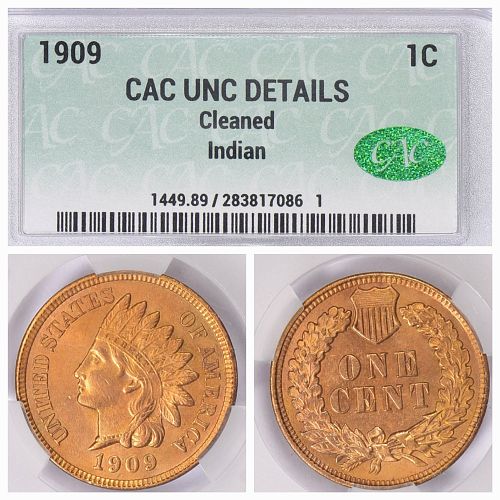 1909 Indian Head Cent CACG Unc. Details Cleaned