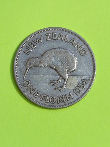 1934 New Zealand 1 Florin - obverse damage