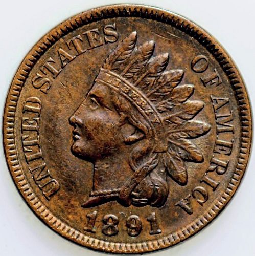 ☆ 1891 Indian Head Cent Penny &bull; Full Liberty/Necklace/Diamonds &bull; BN &bull; UNC
