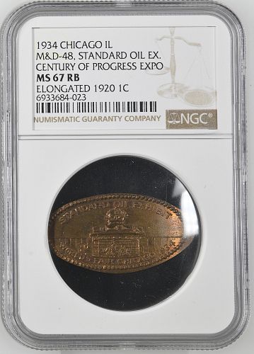 Elongated Cent Souvenir, 1934 Century of Progress, M&D-48, NGC MS-67RB, TOP POP