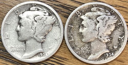 1934D and P mercury dime in VERY GOOD AND FINE condition 2 coin lot