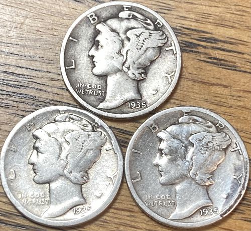 1935P/D/S mercury dimes in VERY GOOD-VERY FINE condition all 3 mints, 3 coin lot